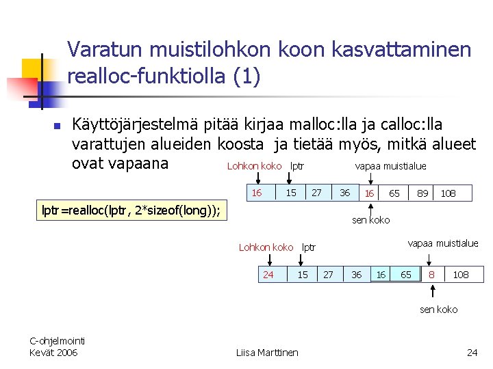 Varatun muistilohkon koon kasvattaminen realloc-funktiolla (1) n Käyttöjärjestelmä pitää kirjaa malloc: lla ja calloc: