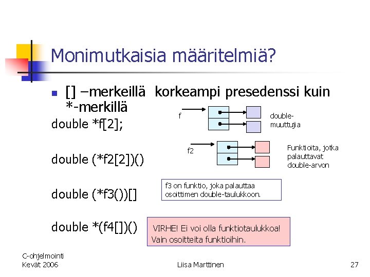 Monimutkaisia määritelmiä? n [] –merkeillä korkeampi presedenssi kuin *-merkillä f double- double *f[2]; double