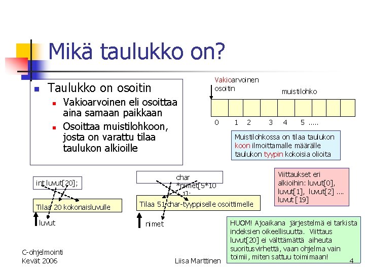 Mikä taulukko on? n Vakioarvoinen osoitin Taulukko on osoitin n n Vakioarvoinen eli osoittaa