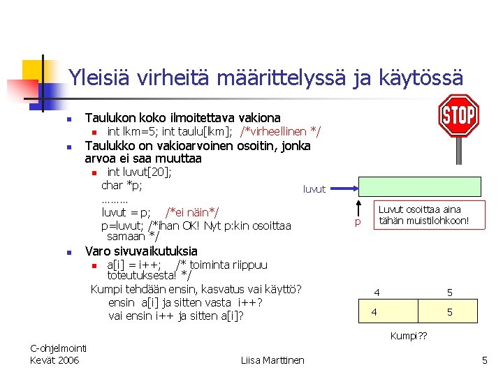 Yleisiä virheitä määrittelyssä ja käytössä n Taulukon koko ilmoitettava vakiona n n Taulukko on