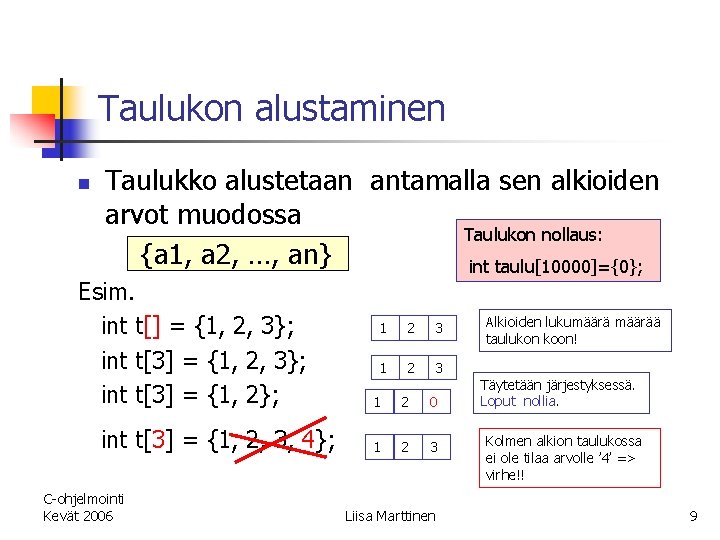 Taulukon alustaminen n Taulukko alustetaan antamalla sen alkioiden arvot muodossa Taulukon nollaus: {a 1,