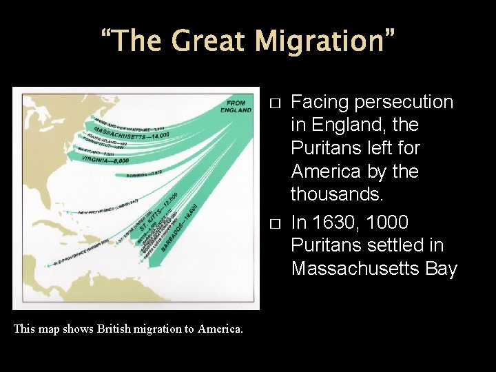 “The Great Migration” � � This map shows British migration to America. Facing persecution