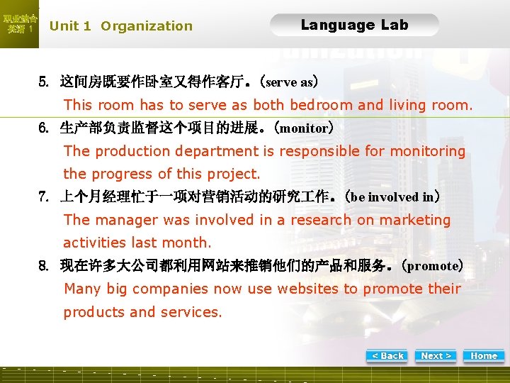 职业综合 英语 1 Unit 1 Organization Language Lab LLTask 5 -2 5. 这间房既要作卧室又得作客厅。(serve as)