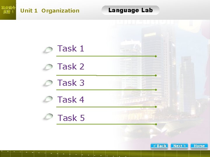 职业综合 英语 1 Unit 1 Organization Task 1 Task 2 Task 3 Task 4