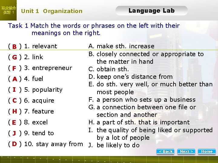 职业综合 英语 1 Unit 1 Organization Language Lab LLTask 1 Match the words or