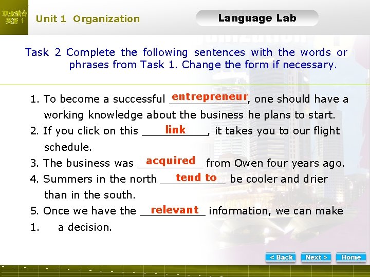 职业综合 英语 1 Unit 1 Organization Language Lab LLTask 2 -1 Task 2 Complete