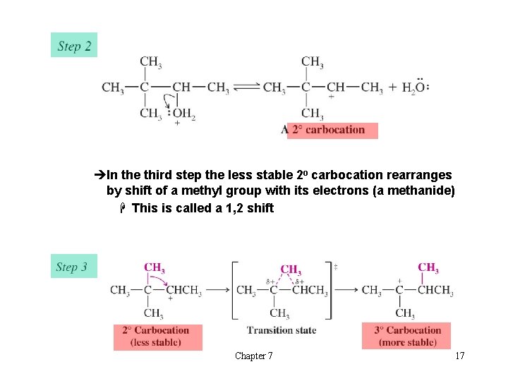 èIn the third step the less stable 2 o carbocation rearranges by shift of