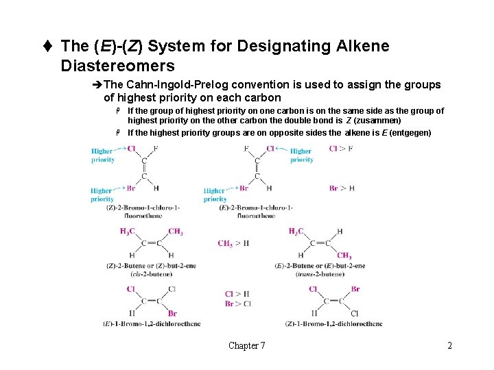 t The (E)-(Z) System for Designating Alkene Diastereomers èThe Cahn-Ingold-Prelog convention is used to