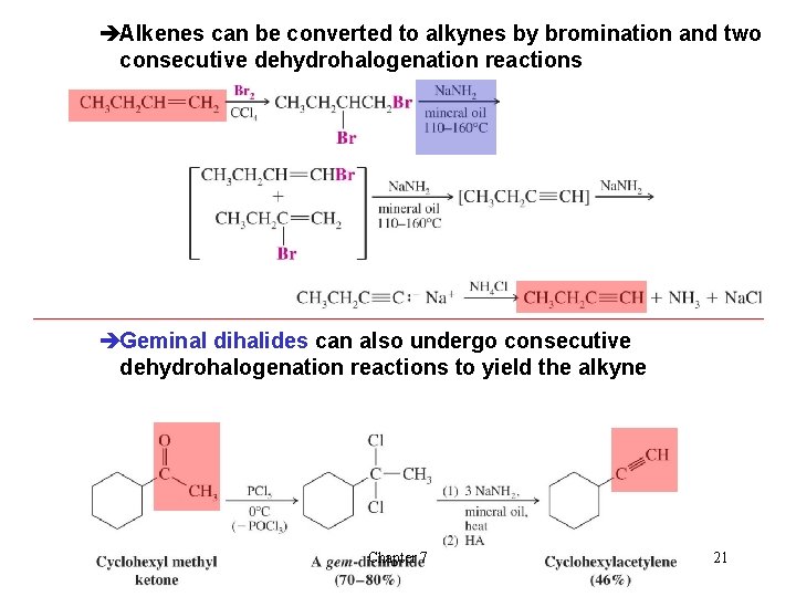 èAlkenes can be converted to alkynes by bromination and two consecutive dehydrohalogenation reactions èGeminal