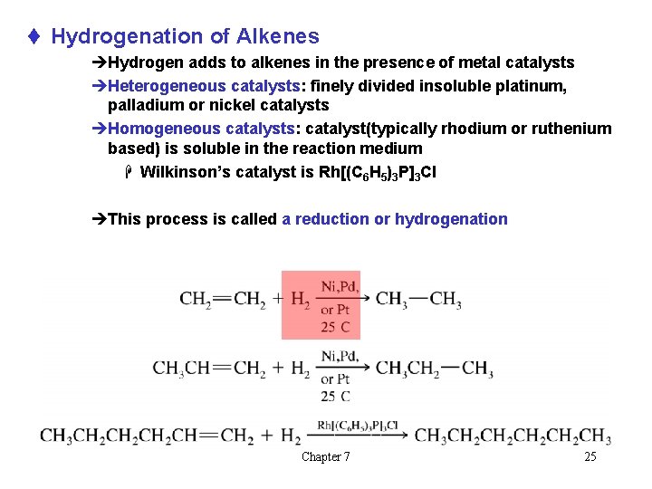 t Hydrogenation of Alkenes èHydrogen adds to alkenes in the presence of metal catalysts