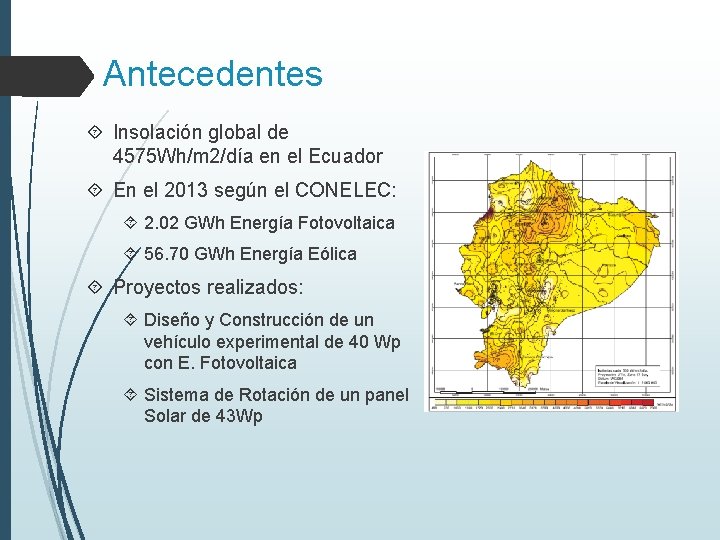Antecedentes Insolación global de 4575 Wh/m 2/día en el Ecuador En el 2013 según