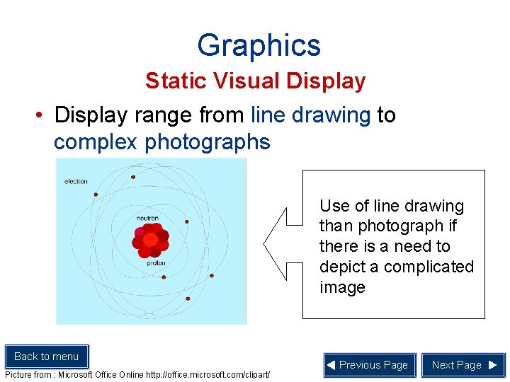 Graphics Static Visual Display • Display range from line drawing to complex photographs Use