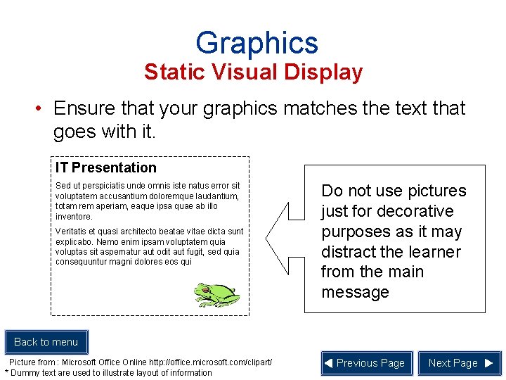 Graphics Static Visual Display • Ensure that your graphics matches the text that goes