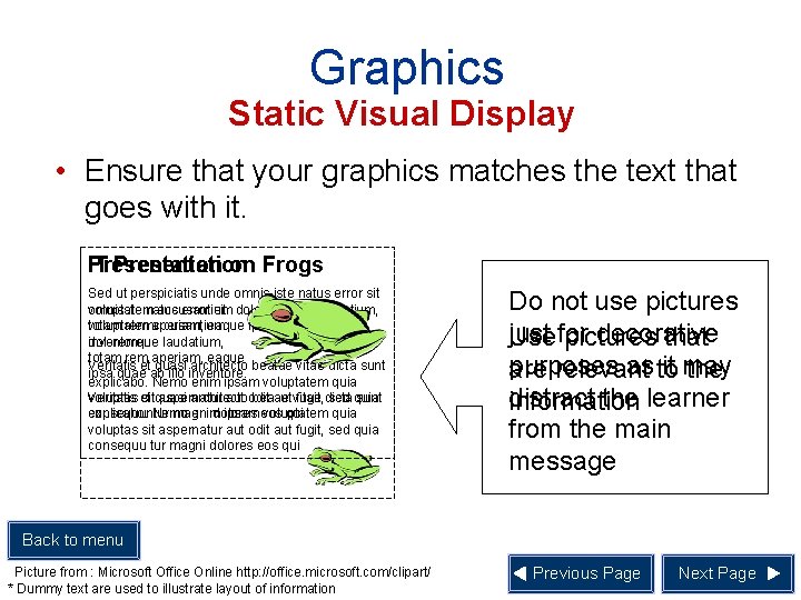 Graphics Static Visual Display • Ensure that your graphics matches the text that goes