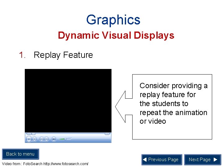 Graphics Dynamic Visual Displays 1. Replay Feature Consider providing a replay feature for the