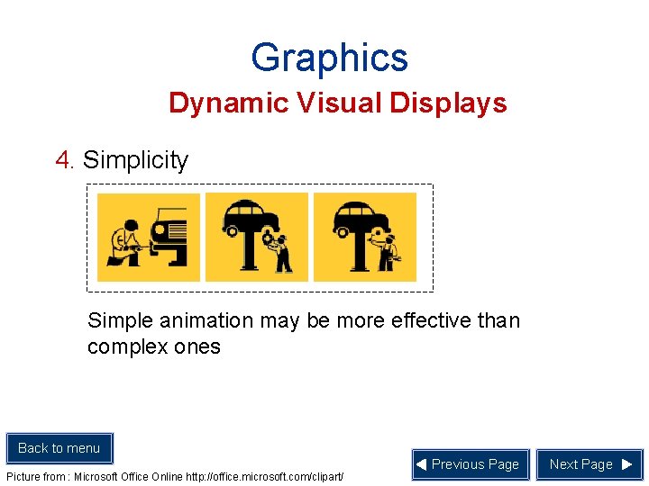 Graphics Dynamic Visual Displays 4. Simplicity Simple animation may be more effective than complex