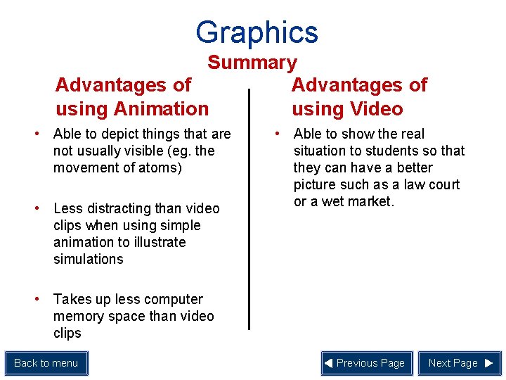 Graphics Summary Advantages of using Animation using Video • Able to depict things that