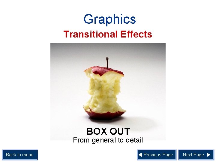 Graphics Transitional Effects BOX OUT From general to detail Back to menu Previous Page