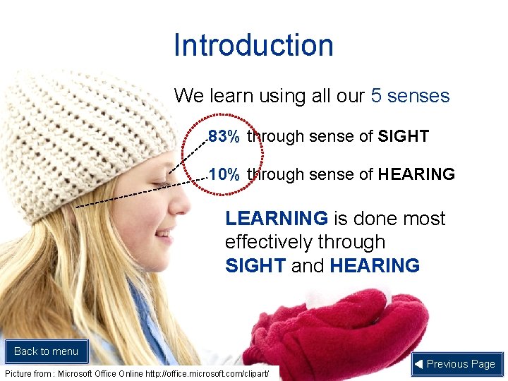 Introduction We learn using all our 5 senses 83% through sense of SIGHT 10%