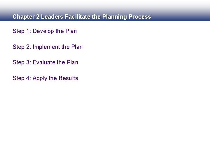 Chapter 2 Leaders Facilitate the Planning Process Step 1: Develop the Plan Step 2: