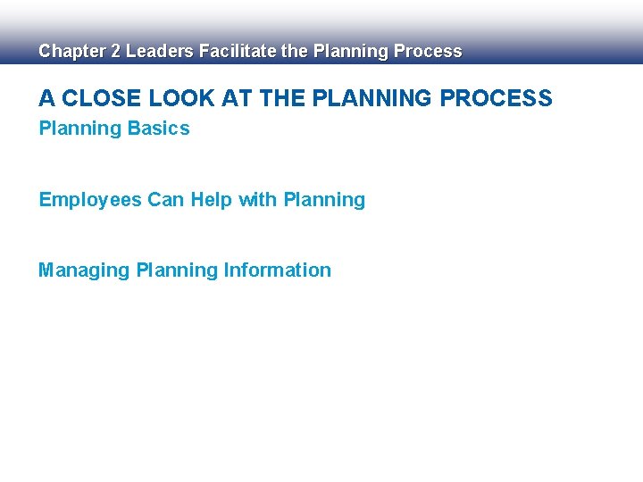 Chapter 2 Leaders Facilitate the Planning Process A CLOSE LOOK AT THE PLANNING PROCESS
