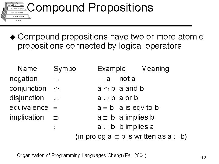 Compound Propositions u Compound propositions have two or more atomic propositions connected by logical Compound Propositions u Compound propositions have two or more atomic propositions connected by logical