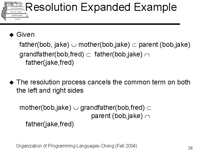 Resolution Expanded Example u Given father(bob, jake) mother(bob, jake) parent (bob, jake) grandfather(bob, fred) Resolution Expanded Example u Given father(bob, jake) mother(bob, jake) parent (bob, jake) grandfather(bob, fred)