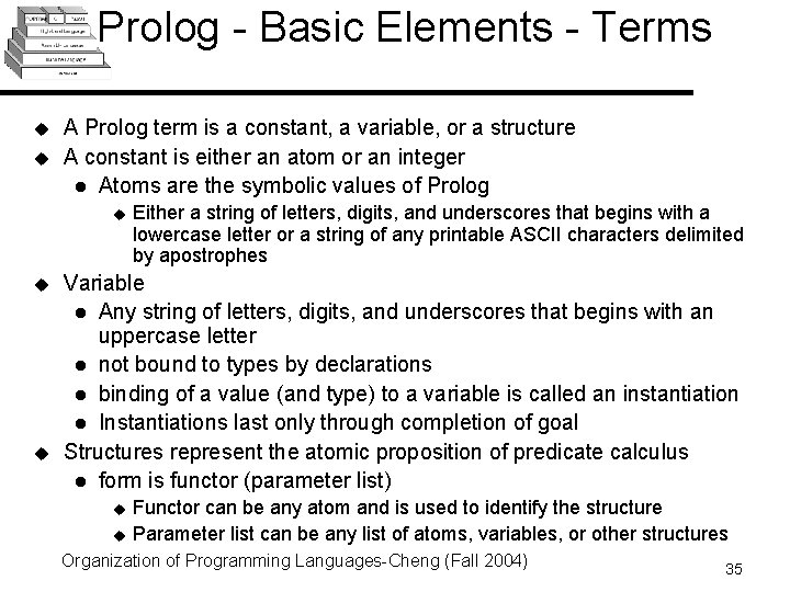 Prolog - Basic Elements - Terms u u A Prolog term is a constant, Prolog - Basic Elements - Terms u u A Prolog term is a constant,