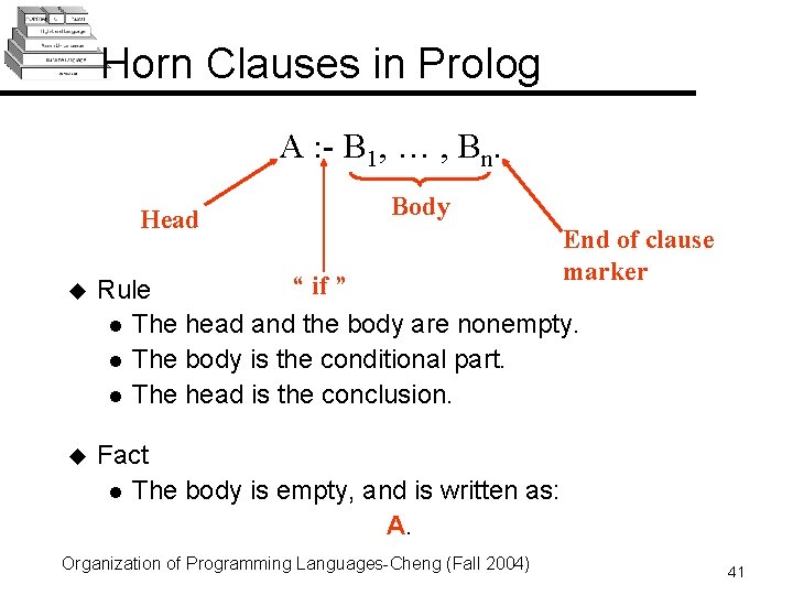 Horn Clauses in Prolog A : - B 1, … , Bn. Head Body Horn Clauses in Prolog A : - B 1, … , Bn. Head Body
