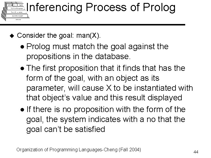 Inferencing Process of Prolog u Consider the goal: man(X). l Prolog must match the Inferencing Process of Prolog u Consider the goal: man(X). l Prolog must match the