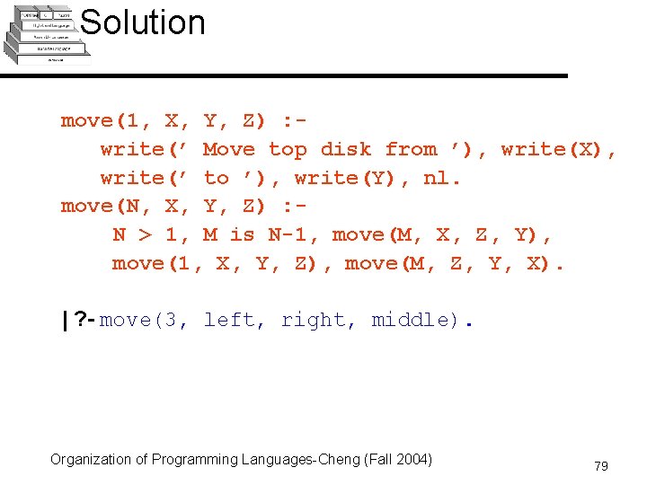 Solution move(1, X, Y, Z) : write(’ Move top disk from ’), write(X), write(’ Solution move(1, X, Y, Z) : write(’ Move top disk from ’), write(X), write(’