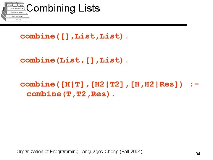 Combining Lists combine([], List). combine(List, [], List). combine([H|T], [H 2|T 2], [H, H 2|Res])