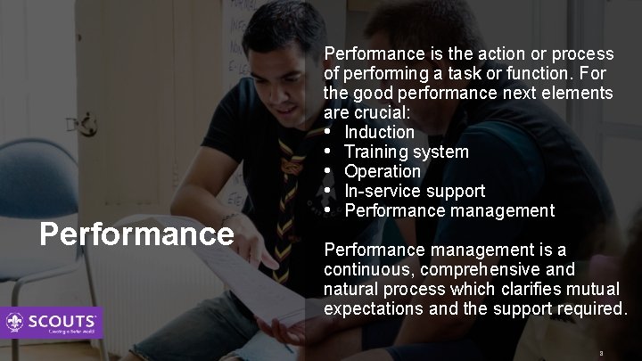 Performance is the action or process of performing a task or function. For the