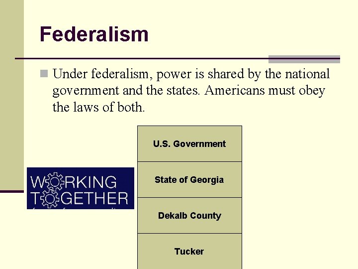 Federalism n Under federalism, power is shared by the national government and the states.