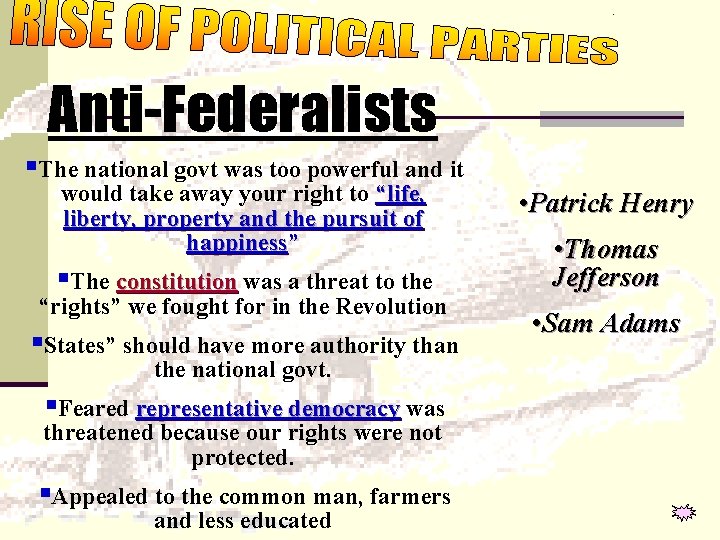 Art. 5, 6, 7 Anti-Federalists §The national govt was too powerful and it would