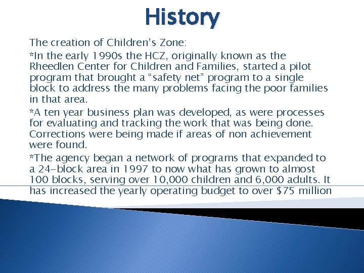 History The creation of Children’s Zone: *In the early 1990 s the HCZ, originally History The creation of Children’s Zone: *In the early 1990 s the HCZ, originally