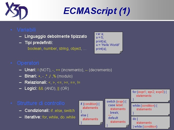 ECMAScript (1) • Variabili – Linguaggio debolmente tipizzato – Tipi predefiniti: boolean, number, string,