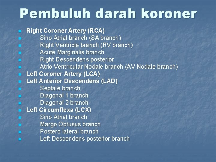 Pembuluh darah koroner n n n n Right Coroner Artery (RCA) Sino Atrial branch