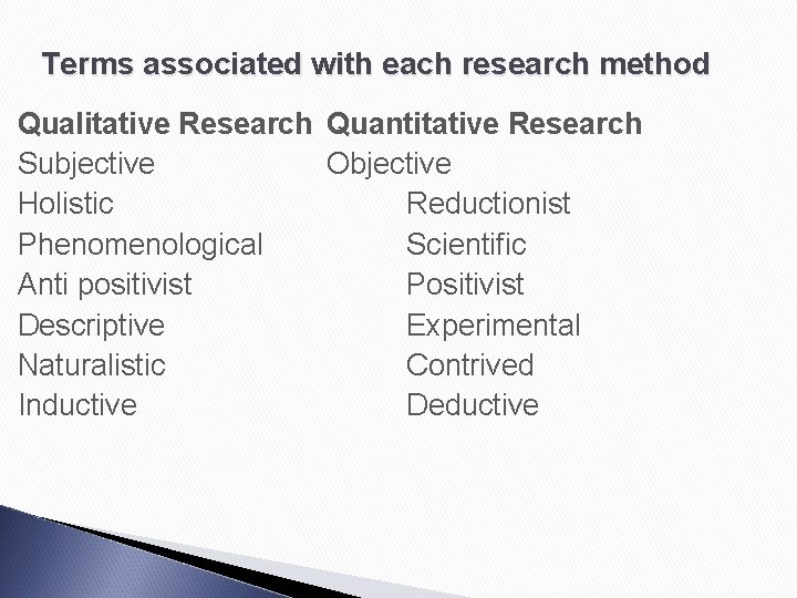 Terms associated with each research method Qualitative Research Quantitative Research Subjective Objective Holistic Reductionist