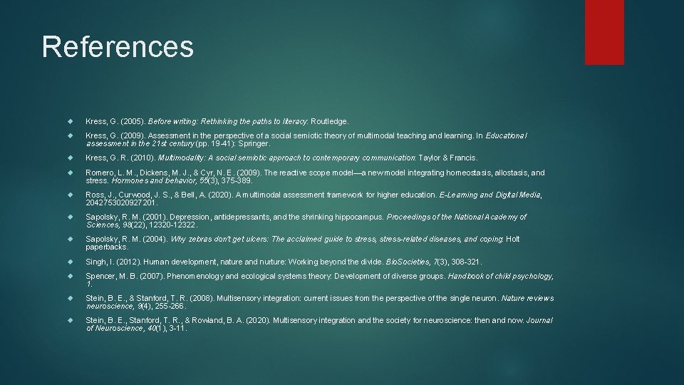 References Kress, G. (2005). Before writing: Rethinking the paths to literacy: Routledge. Kress, G. References Kress, G. (2005). Before writing: Rethinking the paths to literacy: Routledge. Kress, G.
