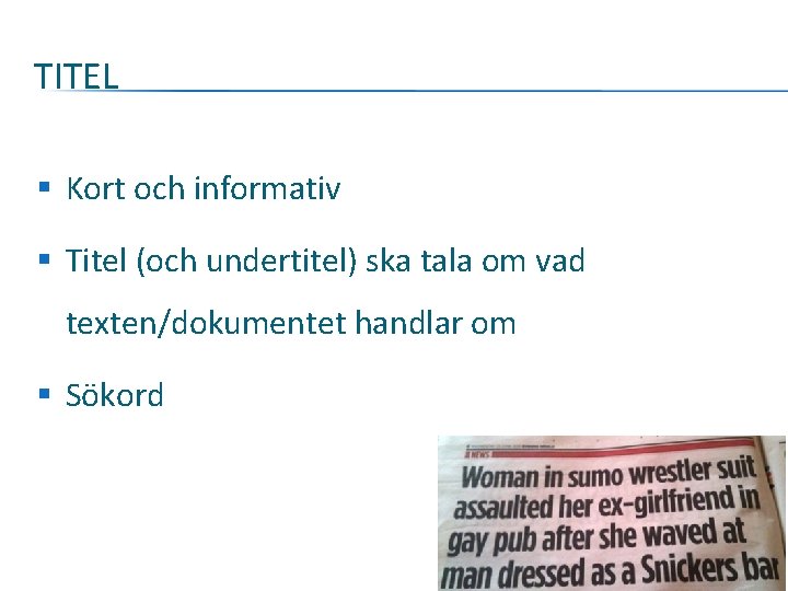 TITEL § Kort och informativ § Titel (och undertitel) ska tala om vad texten/dokumentet