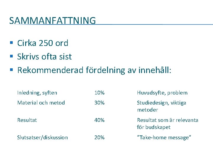 SAMMANFATTNING § Cirka 250 ord § Skrivs ofta sist § Rekommenderad fördelning av innehåll: