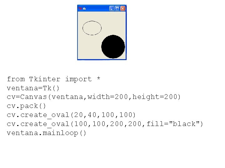 from Tkinter import * ventana=Tk() cv=Canvas(ventana, width=200, height=200) cv. pack() cv. create_oval(20, 40, 100)