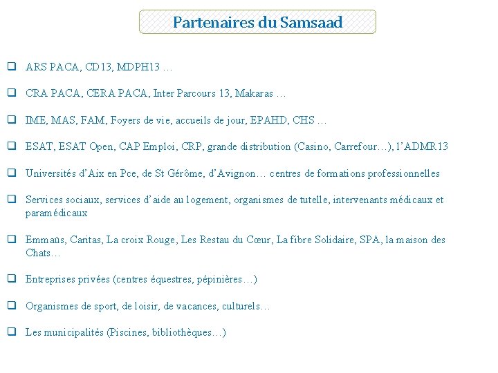 Partenaires du Samsaad q ARS PACA, CD 13, MDPH 13 … q CRA PACA,