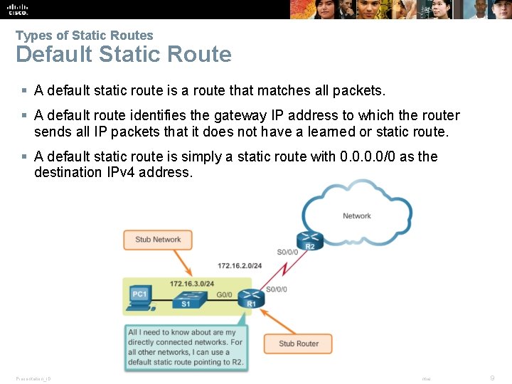 Types of Static Routes Default Static Route § A default static route is a