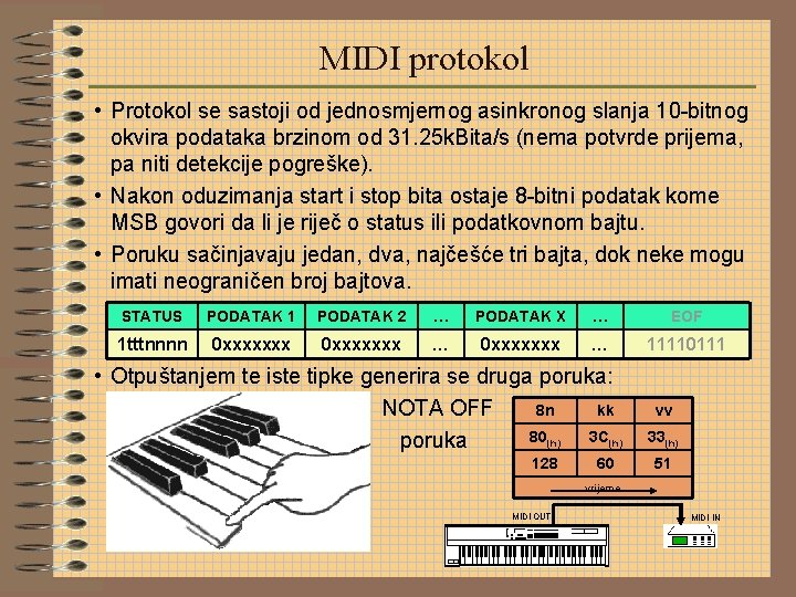 MIDI protokol • Protokol se sastoji od jednosmjernog asinkronog slanja 10 -bitnog okvira podataka