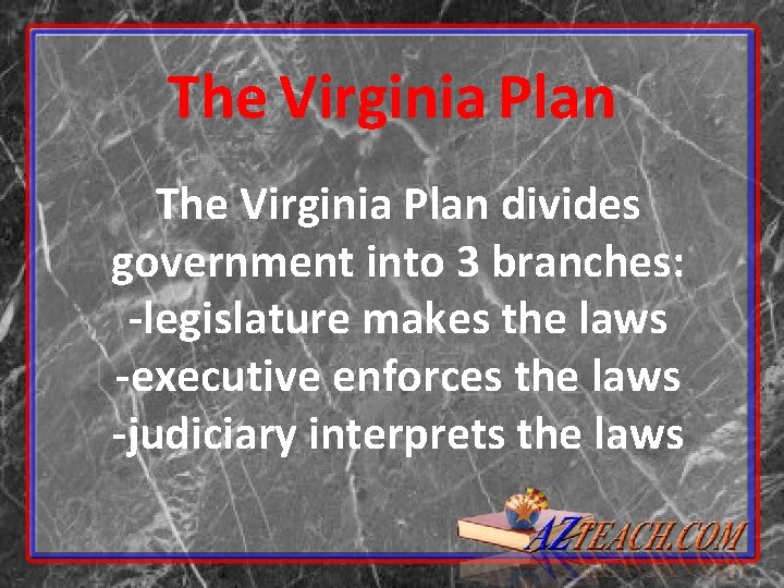 The Virginia Plan divides government into 3 branches: -legislature makes the laws -executive enforces The Virginia Plan divides government into 3 branches: -legislature makes the laws -executive enforces
