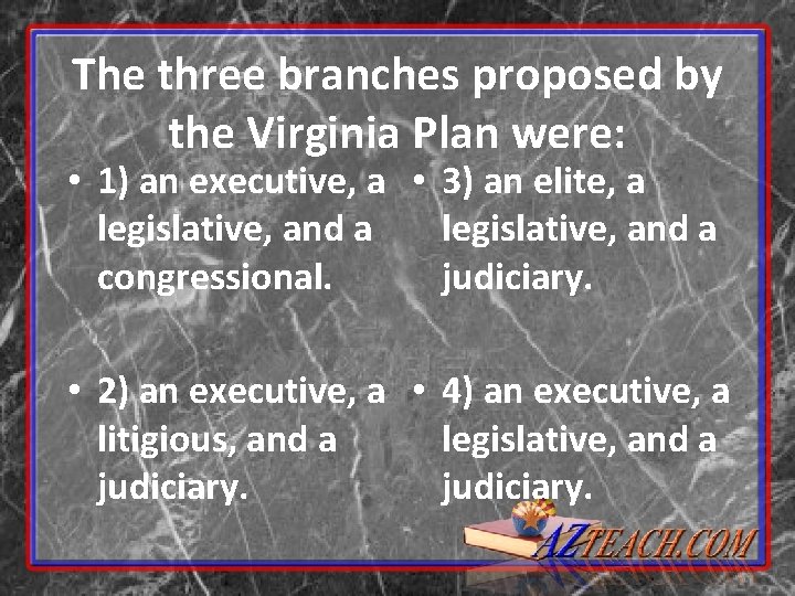 The three branches proposed by the Virginia Plan were: • 1) an executive, a The three branches proposed by the Virginia Plan were: • 1) an executive, a