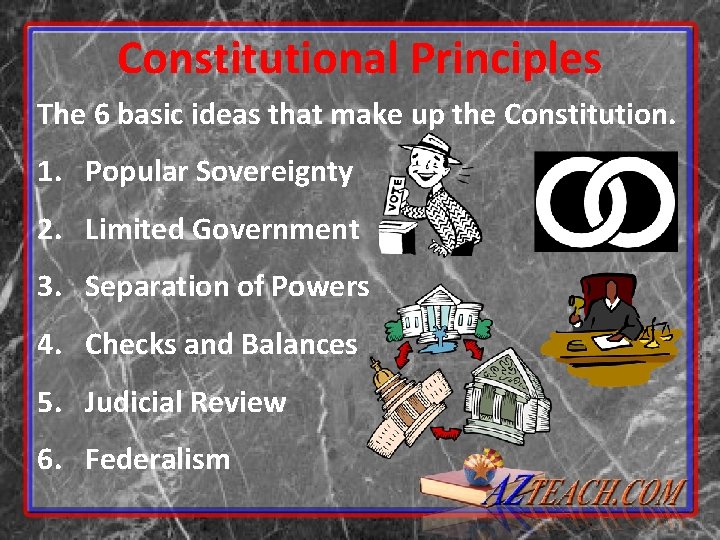 Constitutional Principles The 6 basic ideas that make up the Constitution. 1. Popular Sovereignty Constitutional Principles The 6 basic ideas that make up the Constitution. 1. Popular Sovereignty