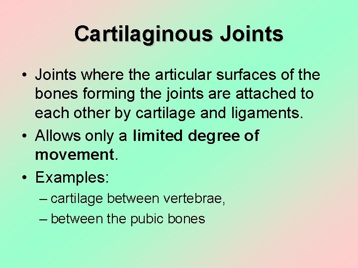 Cartilaginous Joints • Joints where the articular surfaces of the bones forming the joints